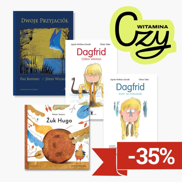 Zestaw książek dla dzieci „Witamina CZY (ENJOY)” – okładki: Dwoje przyjaciół, Żuk Hugo, Dagfrid. Córka wikinga, Dagfrid. Bunt na pokładzie. Ilustrowane książki wspierające naukę czytania i rozwój wyobraźni.