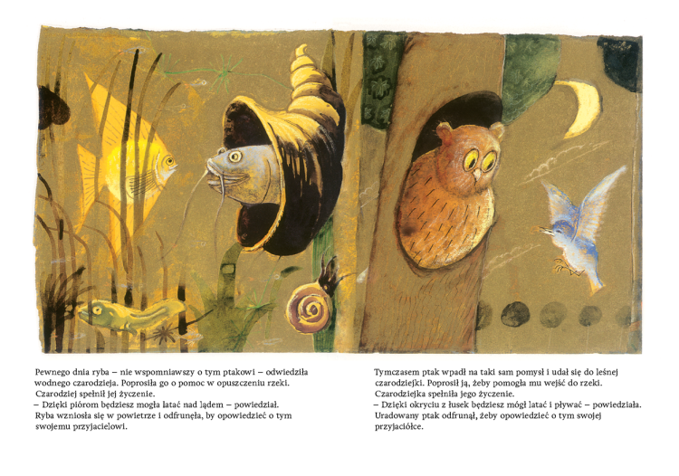 Strona ze środka książki pt. Dwoje przyjaciół, autorstwa Paz Rodero z ilustracjami mistrza Józefa Wilkonia.